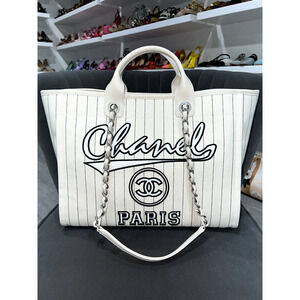 Chanel 23P Deauville White Ecru Black Stripe Large Shopping 30cm Handle Tote Bag